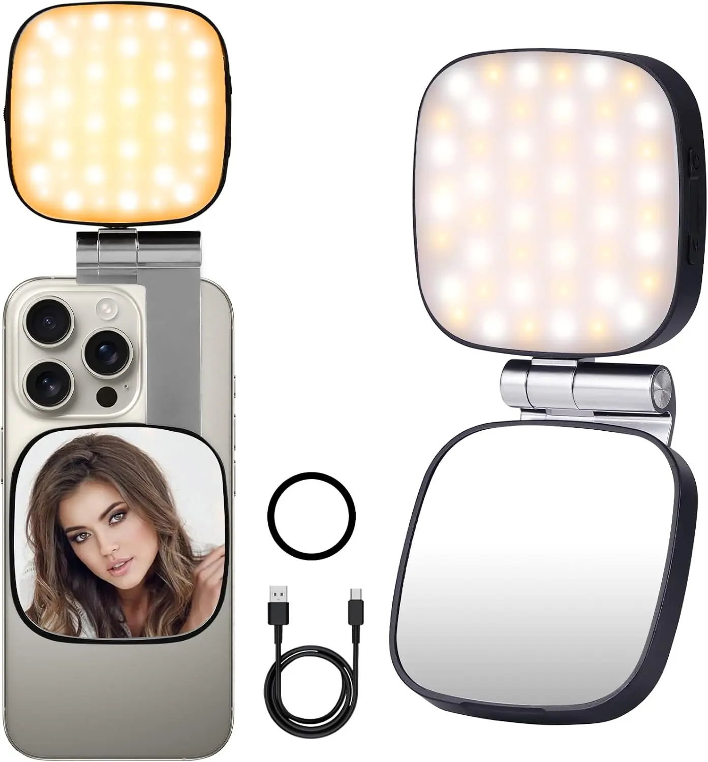 3-in-1 Magnetic Portable Selfie Light - MagSafe-Compatible Cell Phone Accessory, Multi-Folding LED with Mirror for Makeup, Mobile Smartphone Vlogging Kit Cell Phone Light (M27 Black)
