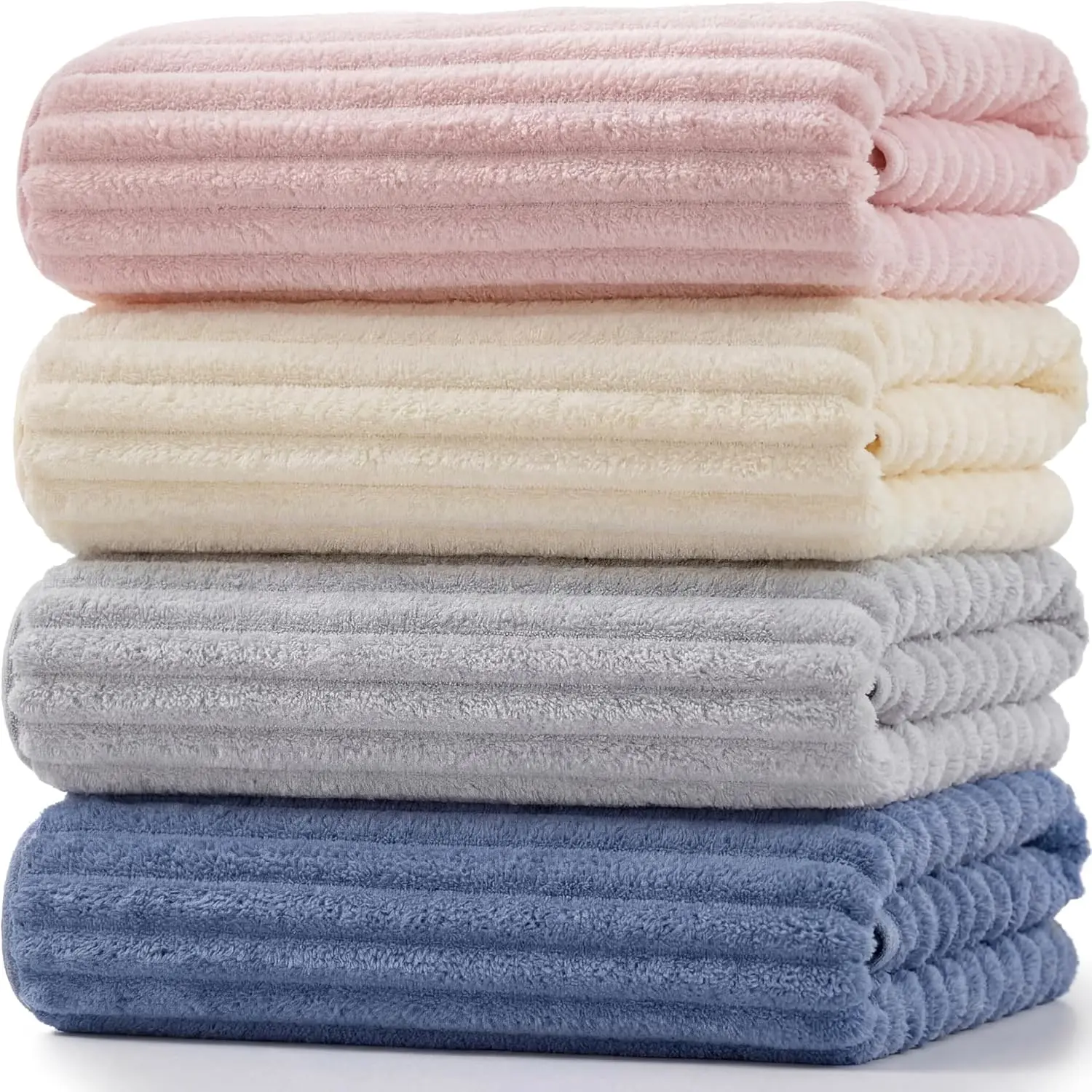 Unisex 4-Pack Oversized Microfiber Fleece Bath Towel Set - Antimicrobial, Quick-Drying, Absorbing, Lint-Free, Fluffy, Skin-Friendly Bath Sheets with Hanging Loops for Shower, Pool (Pink, Beige, Gray, Blue), Oversized Bath Towels, Quick-Drying Bath Towels
