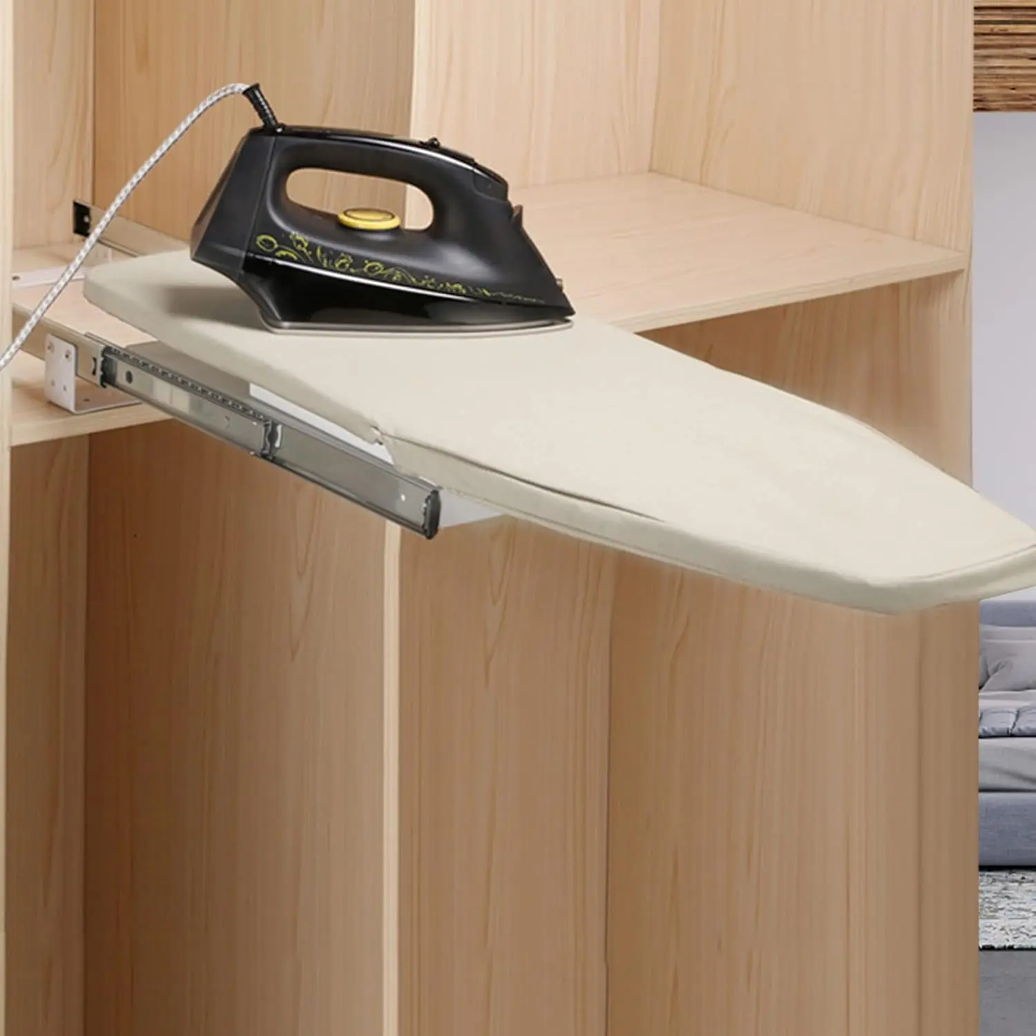 Foldable Retractable Closet Mount Ironing Board - Sturdy, Easy-to-Install 32.3"x12.2" Compact Ironing Station with Beige Cloth & Drawer, Wardrobe Fit Space-Saving Kitchenware Accessory for Home Small Spaces