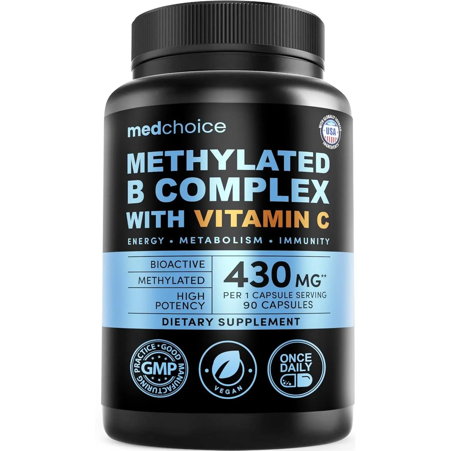 9 in 1 Methylated Vitamin B Complex Multivitamin with B12 Methylcobalamin Methylfolate L-5-MTHF and Vitamin C for Energy Boost Metabolism Brain Support Non GMO Vegan Dietary Supplement for Men Women 90 Servings