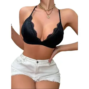 3-Piece Women's Deep V Backless Lace Bra Set - Comfortable Wireless Lingerie with Removable Pads for Daily Wear Elegant Elegance in Black White & Pink - Womenswear