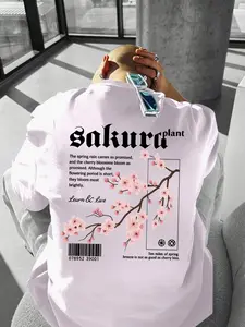 Unisex "Sakura" Cherry Blossom Graphic Oversized T-Shirt, Japanese-Inspired Casual Fashion Apparel with Literary Text & Floral Design, Comfortable Cotton Blend Top, Unique Urban Aesthetic Style, Perfect for Daily Leisure & Japanese Culture Enthusiasts