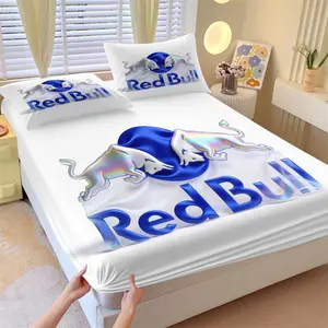 Red Bull Brand themed 3-piece Fitted Sheet Set, Bed Sheet Sets, Iconic Rainbow Gradient Pattern, Color Blocking Pattern, Classic Bullfighting Pattern, Soft Comfortable, Energetic Sporty Bedroom Decor, Gift for Brand Lovers