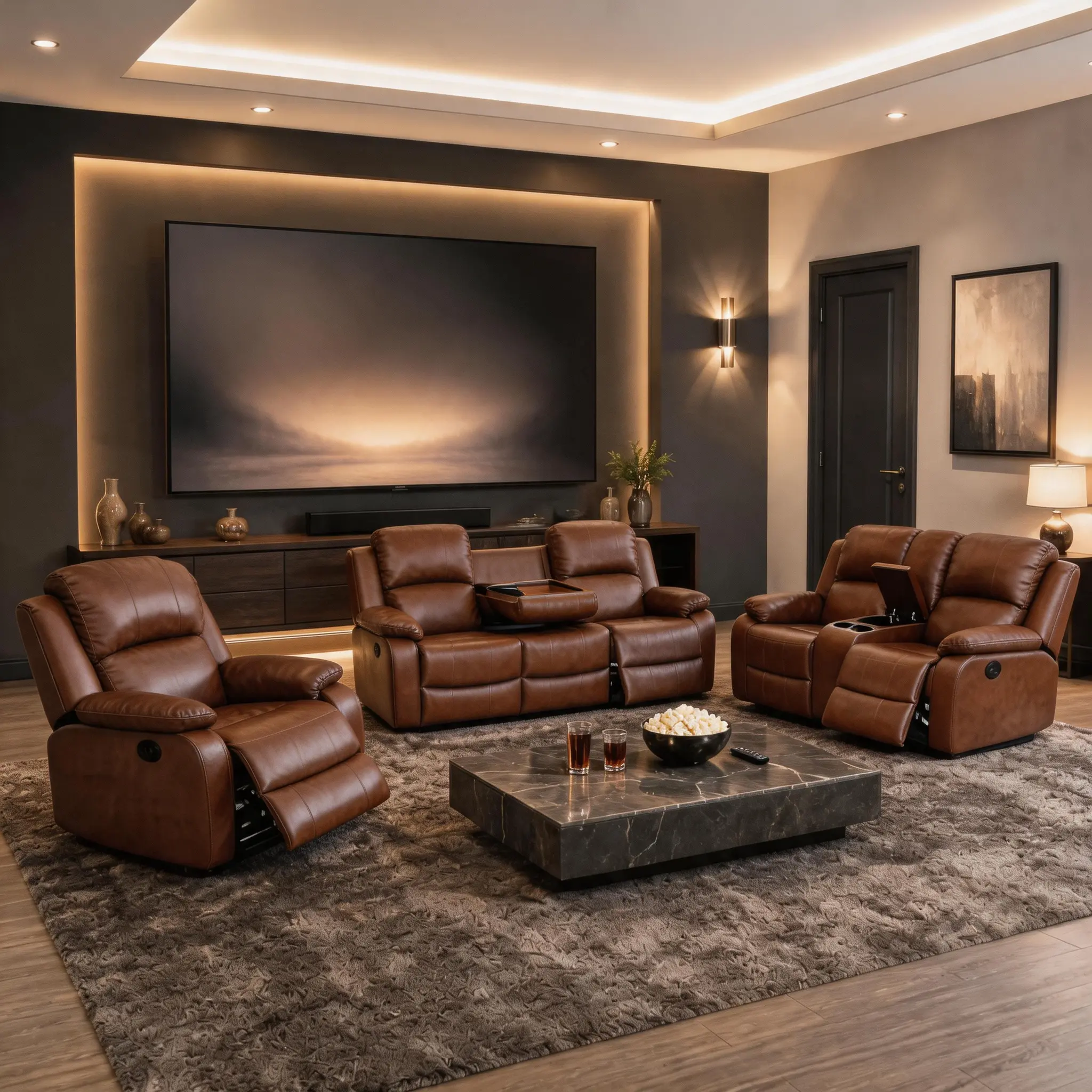 Ainehome Modern 3-Piece LED Lighting Brown Leather Breathable Net Design Recliner Sofa Set - Electric Smart Recliner Chair, Adjustable Backrest, Storage, Living Room Indoor Furniture