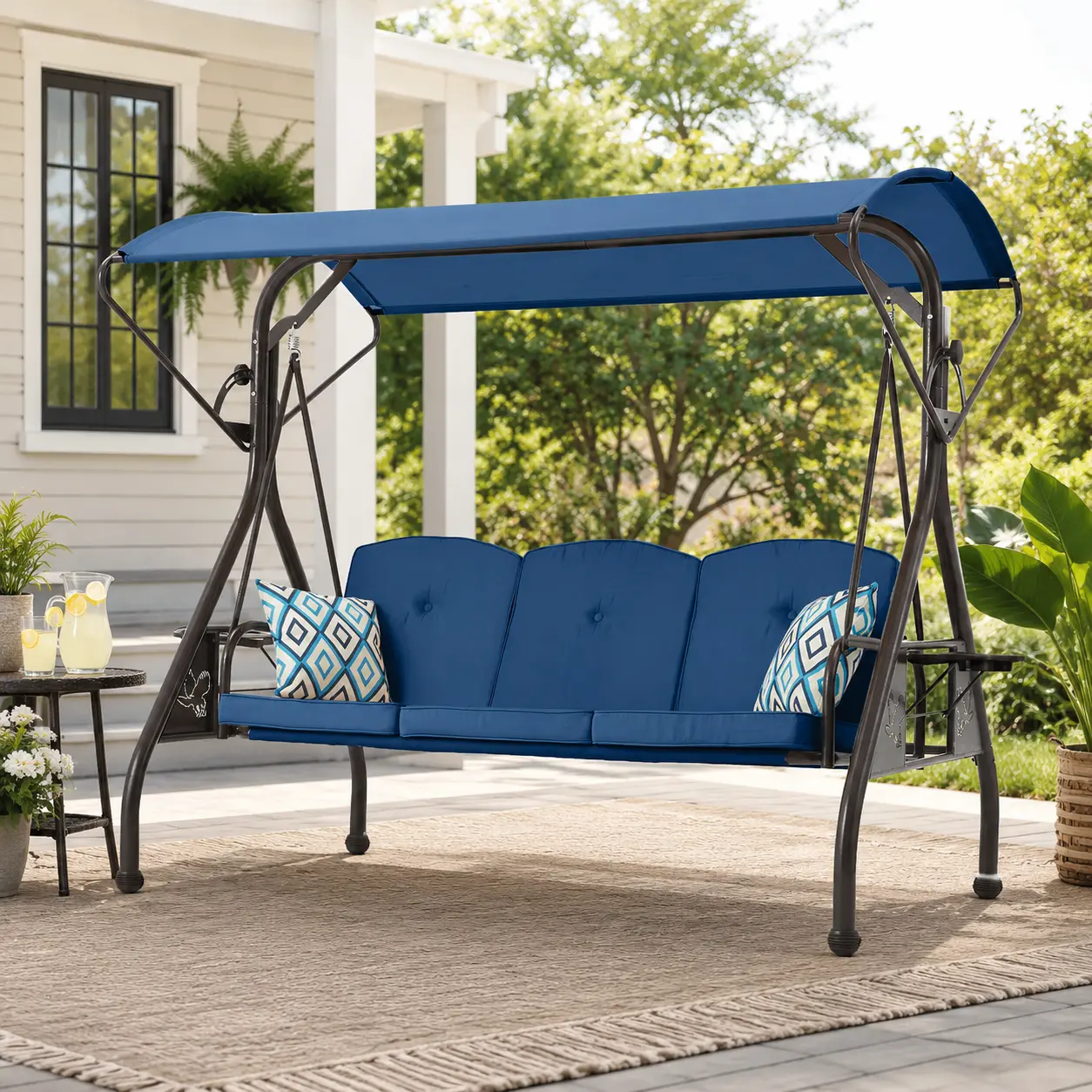 ZZW 3-Seat Outdoor Swing Chair with Stand, Adjustable Canopy, 2-in-1 Swing Bed, Waterproof Rustproof Patio Set (Includes 2 Free Pillows)