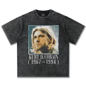 Vintage Washed Kurt Cobain Portrait T-Shirt Nirvana Rock Oversized Digital Direct Spray Tee for Men Women Retro 90s Grunge Band Tee Casual Streetwear