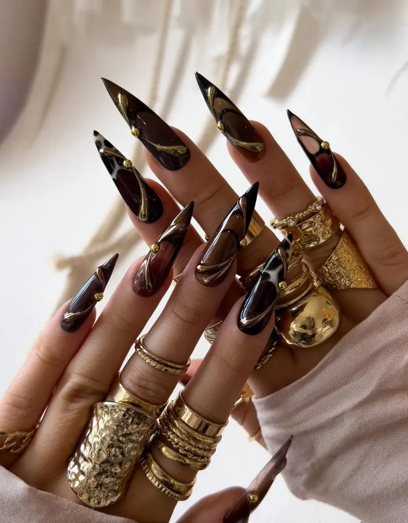 Handmade Golden Swirl Stiletto Press On Nails, Luxury Black & Brown Marble Gold Accent Nail Art, Elegant High Fashion Fall Glue On Nails, Reusable False Nails Long Pointed Custom Made