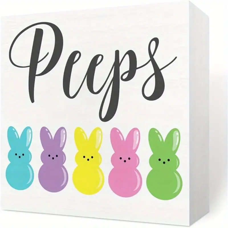 Rustic Farmhouse Easter Bunny Rabbit Peeps Decorations Home Office Desk Decor Spring Cute Wood Box Sign Shelf Wall Art Decor Gift Ideas for Her 5 X 5 Inch