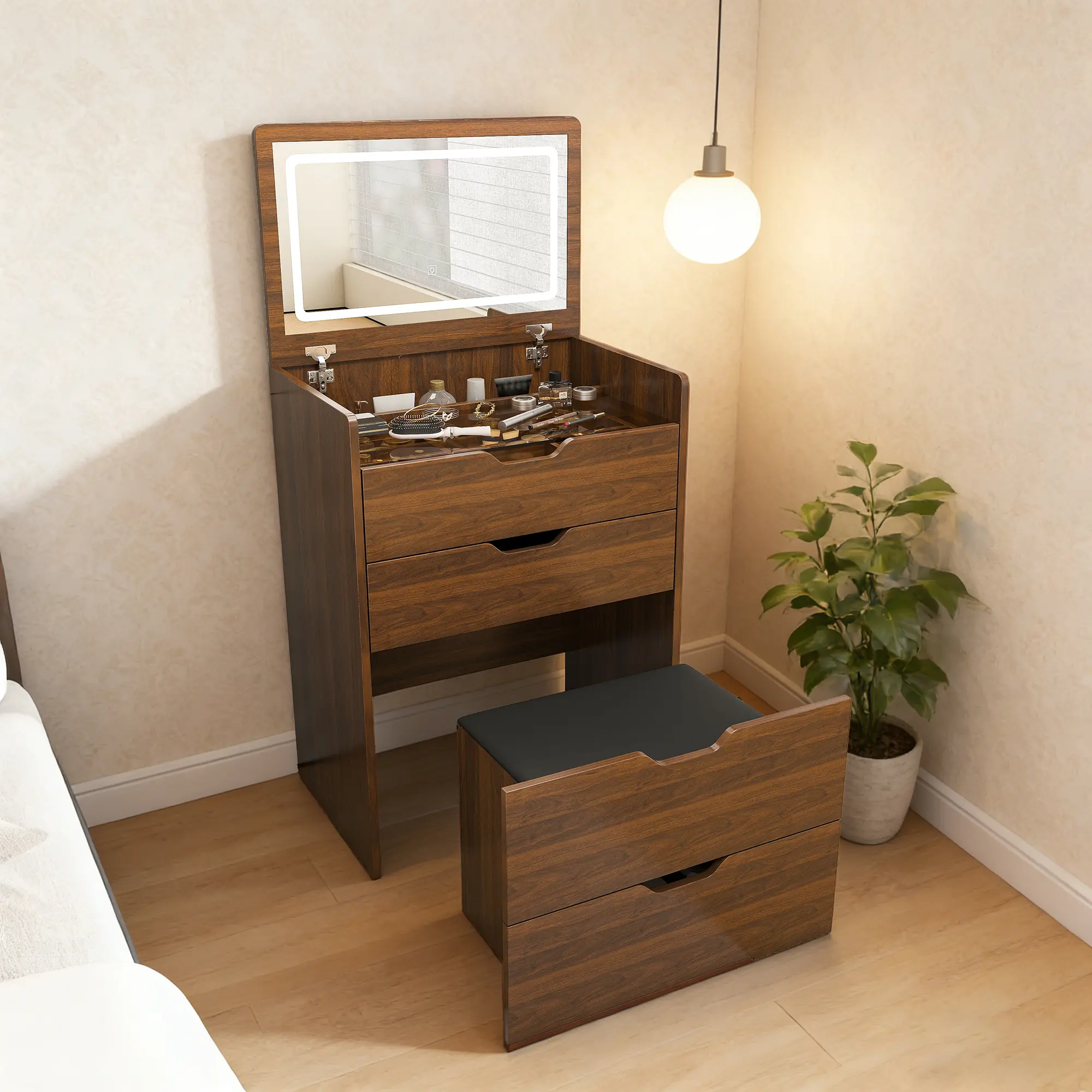 3-in-1 Flip Top Vanity Desk with Lighted Mirror & Stool, Compact Makeup Dressing  Table with Storage for Bedroom, Bathroom & Dressing Room - TikTok Shop