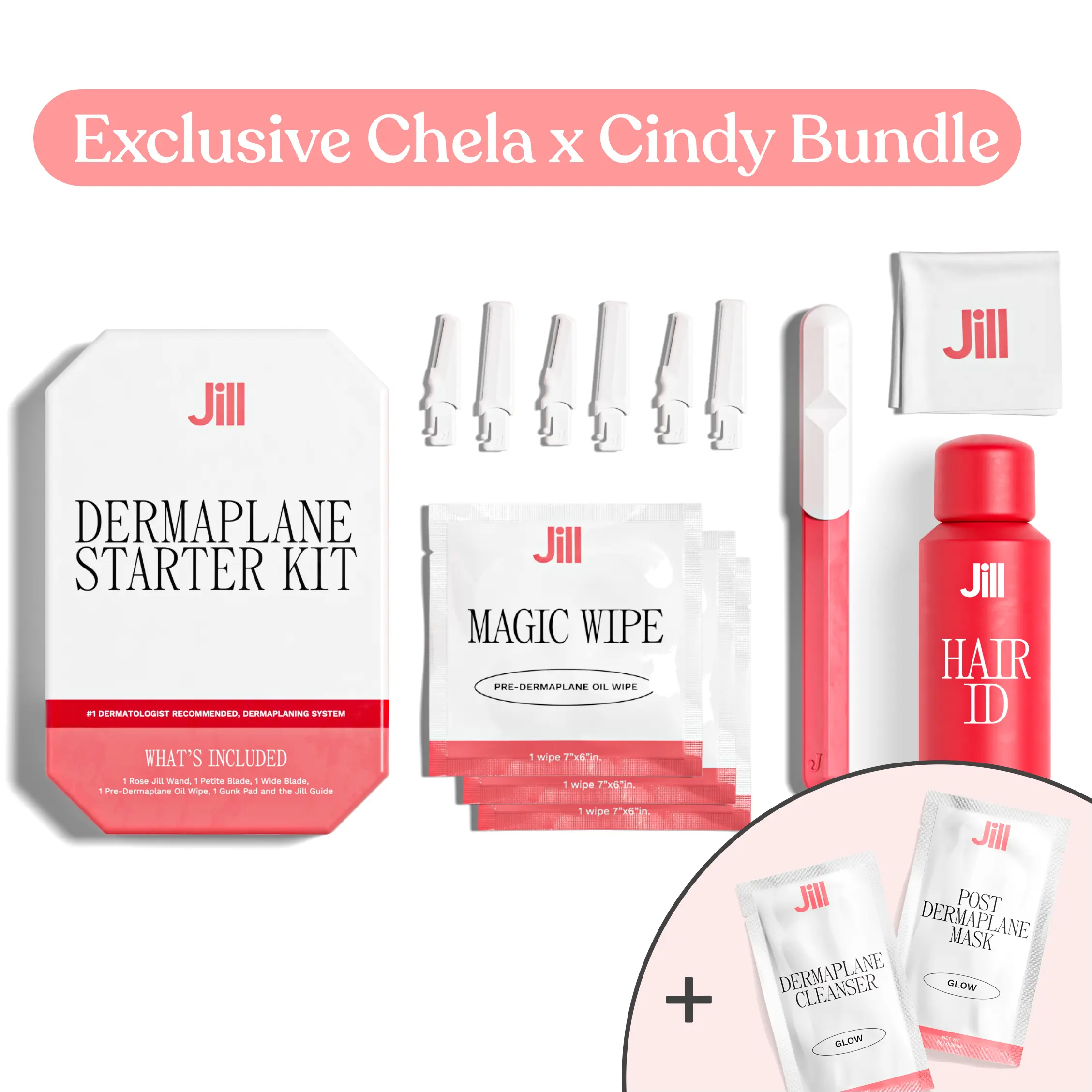 [LIVE EXCLUSIVE] Jill Exclusive Chela x Cindy Bundle | Essential Dermaplaning Kit with Razor, Hair Identifier Spray, 3-Month Blade Supply, 3 Pre-Shave Oil Wipes - Everything You Need to Dermaplane at Home