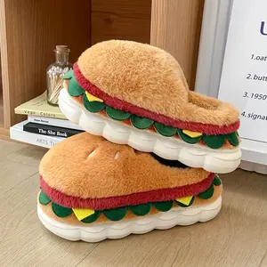 Cartoon Hamburger Couple Plush Slippers - Soft Fabric with EVA Non-Slip Sole, Warm Winter Indoor House Shoes for Women & Men, Cute Novelty Gift for Home Comfort, Playful Footwear, Comfortable Lining