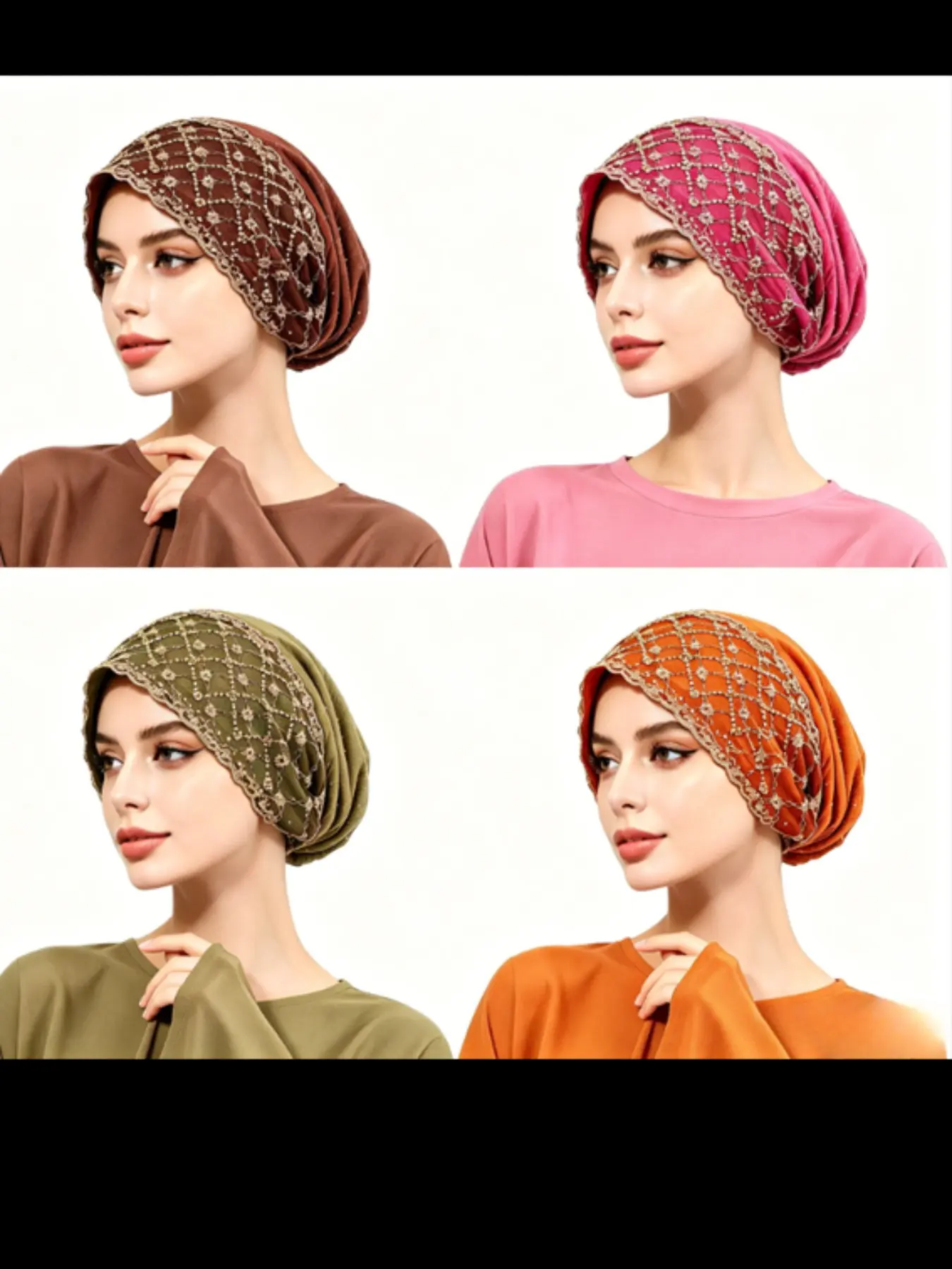 4-Piece Lace Rhinestone Muslim Headscarf, Hair Scarves, Luxury Party Hat for Women, Breathable Hair Protection, Wedding, Formal Events, Eid Festival