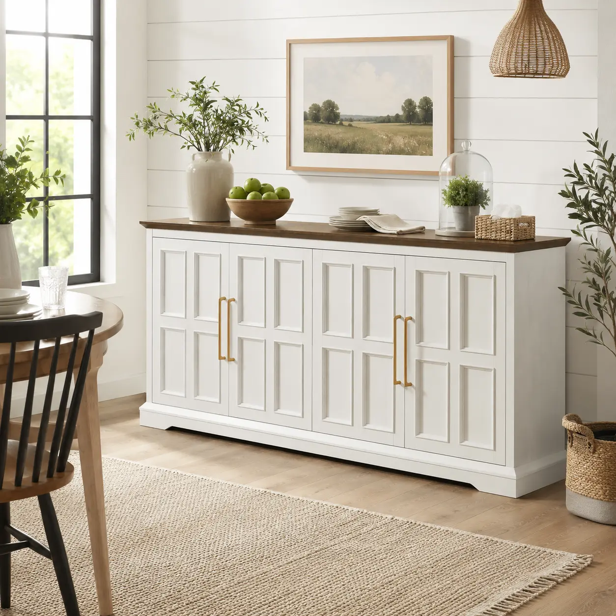 67-Inch Farmhouse Look Sideboard Buffet Cabinet - Single Unit Wood Finish with Ample Storage, Coffee & Wine Bar Console Table for Dining Room, Kitchen
