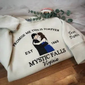 Mystic Falls Embroidered Sweatshirt ~ Vampire Diaries, Team Stefan, Team Damon Sweatshirt ~ Vampire Fang Sleeve Detail ~ Damon and Elena