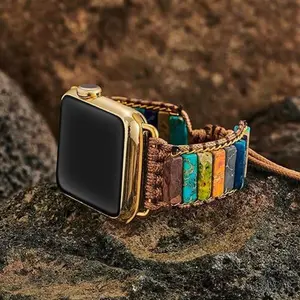 Handmade 7 Chakra Jasper Healing Compatible with Apple Watch Strap Leather Braided Watch Band Bracelet for Apple iWatch Series 7 6 5 4 3 2 1 SE 38-40mm Wearable Adjustable
