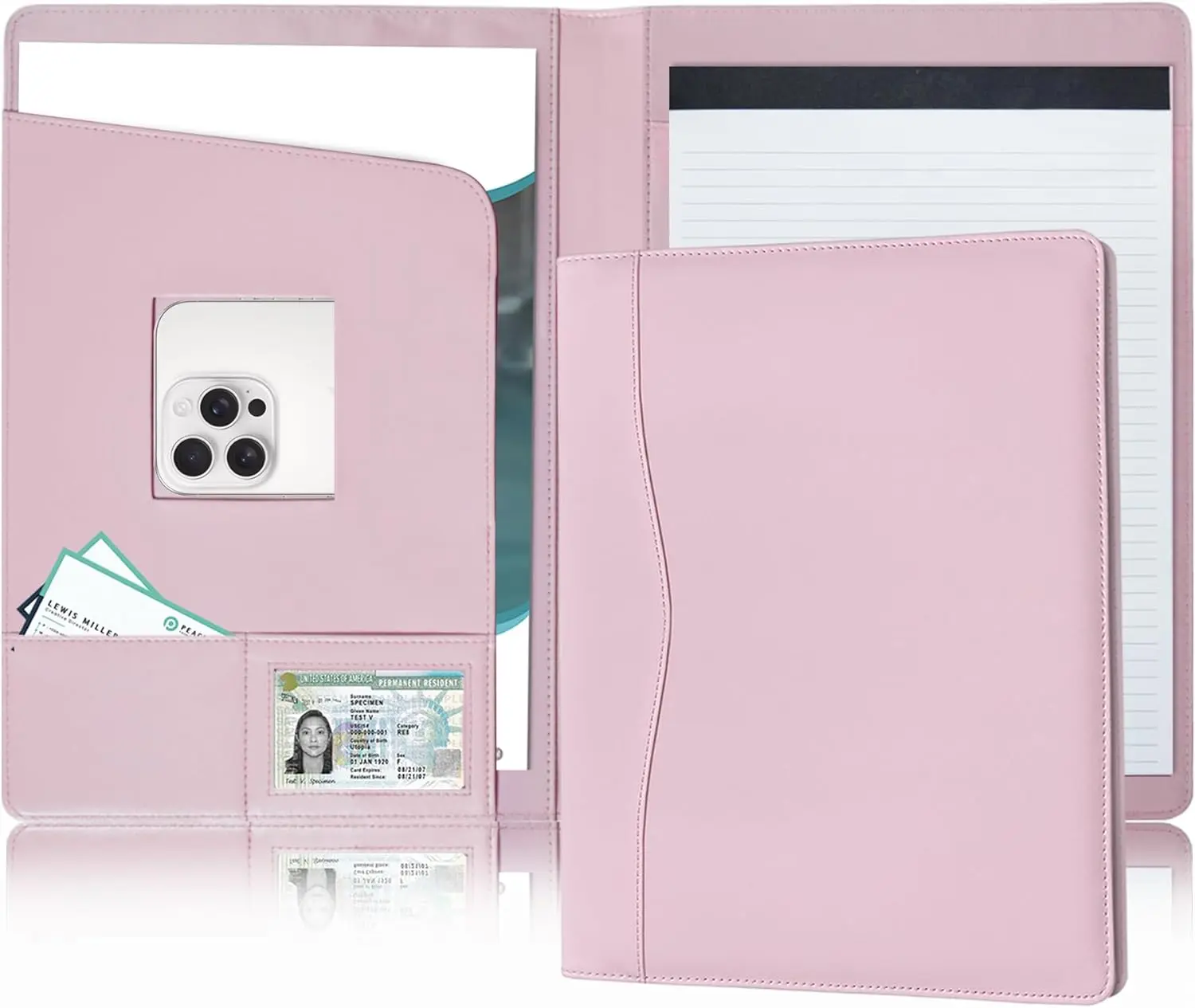 Synthetic Faux Leather Padfolio Organizer - Portable Classical Legal Pad Holder with Clipboard, Cover, Letter/A4 Size Storage for Writing Pads, Envelopes, Notes (Pink, for Business Office, Birthday, Party Adults)