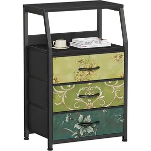 Retro Night Stand with 3 Drawers and 2-Tier Shelf, Small Nightstand Side Table, Vintage Storage Dresser for Bedroom, Fabric Drawer Organizer for Closet, Beside Furniture