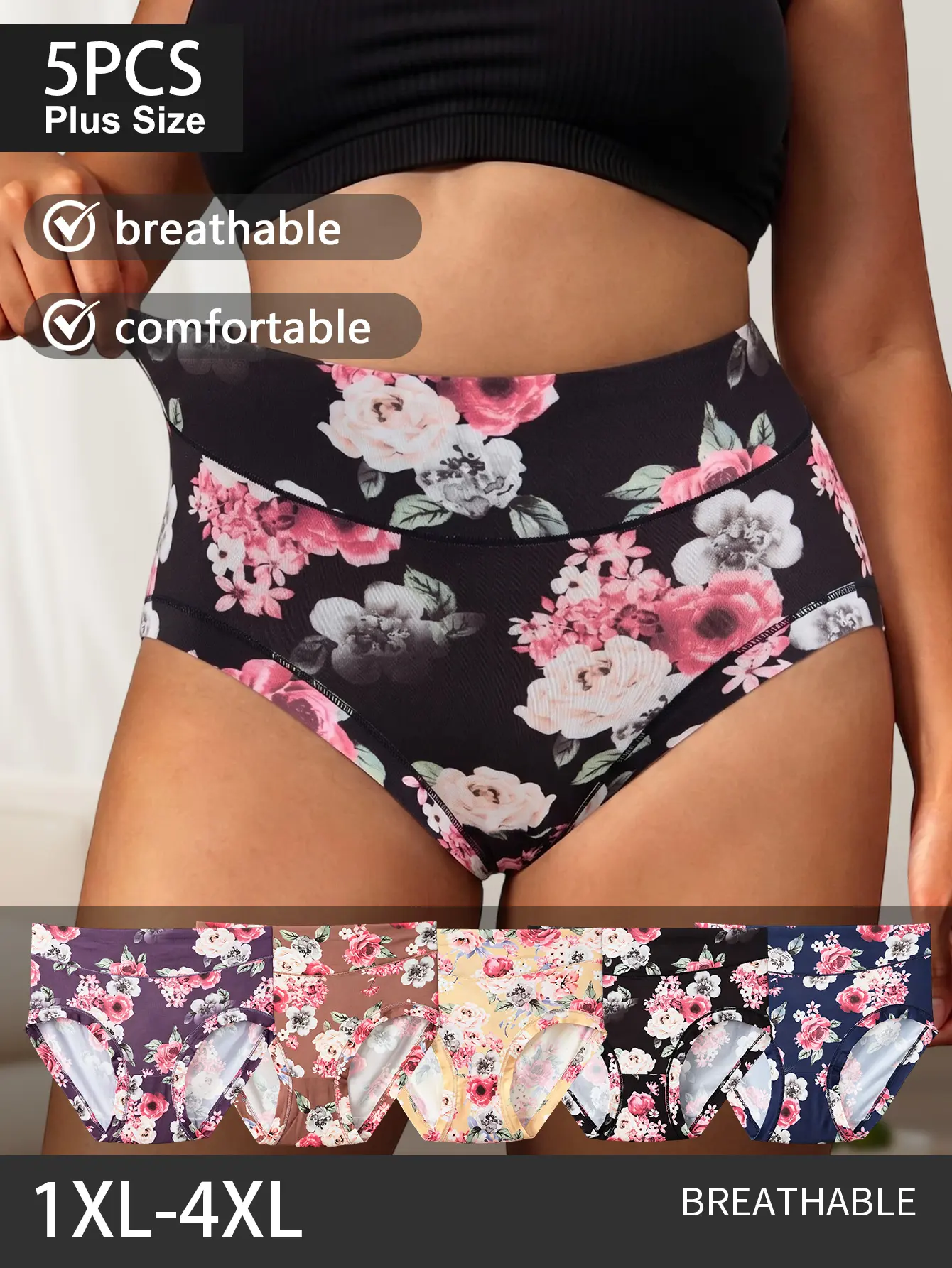 5PCS Plus Size Women’s High Waisted Milk Silk Panties – Soft Breathable Stretch Underwear Set, Solid Color, Floral & Leopard Print Options, Full Coverage Comfortable Fit, Lightweight Everyday Briefs, Sizes 1XL-4XL