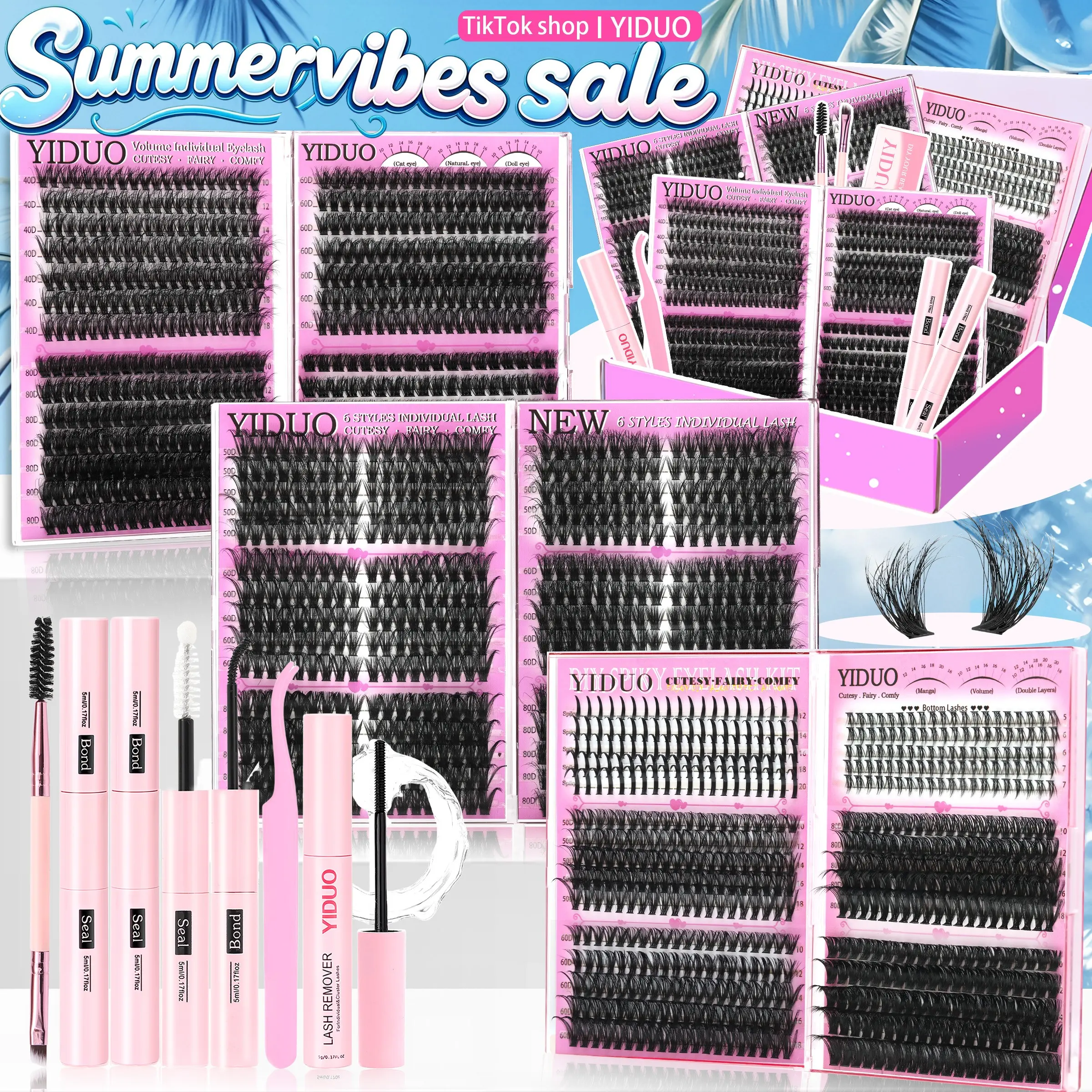 YIDUO Kit 6 boxes Mix Styles DIY Individual Lashes 1846Pcs False Eyelash Cluster Lash Clusters Eyelash Extension Kit, Eyelash Extensions Set, Diy Eyelashes Kit, Volume/Spikes Extensions Kit With Bond and Seal makeup tools for Beginners, DIY at Home