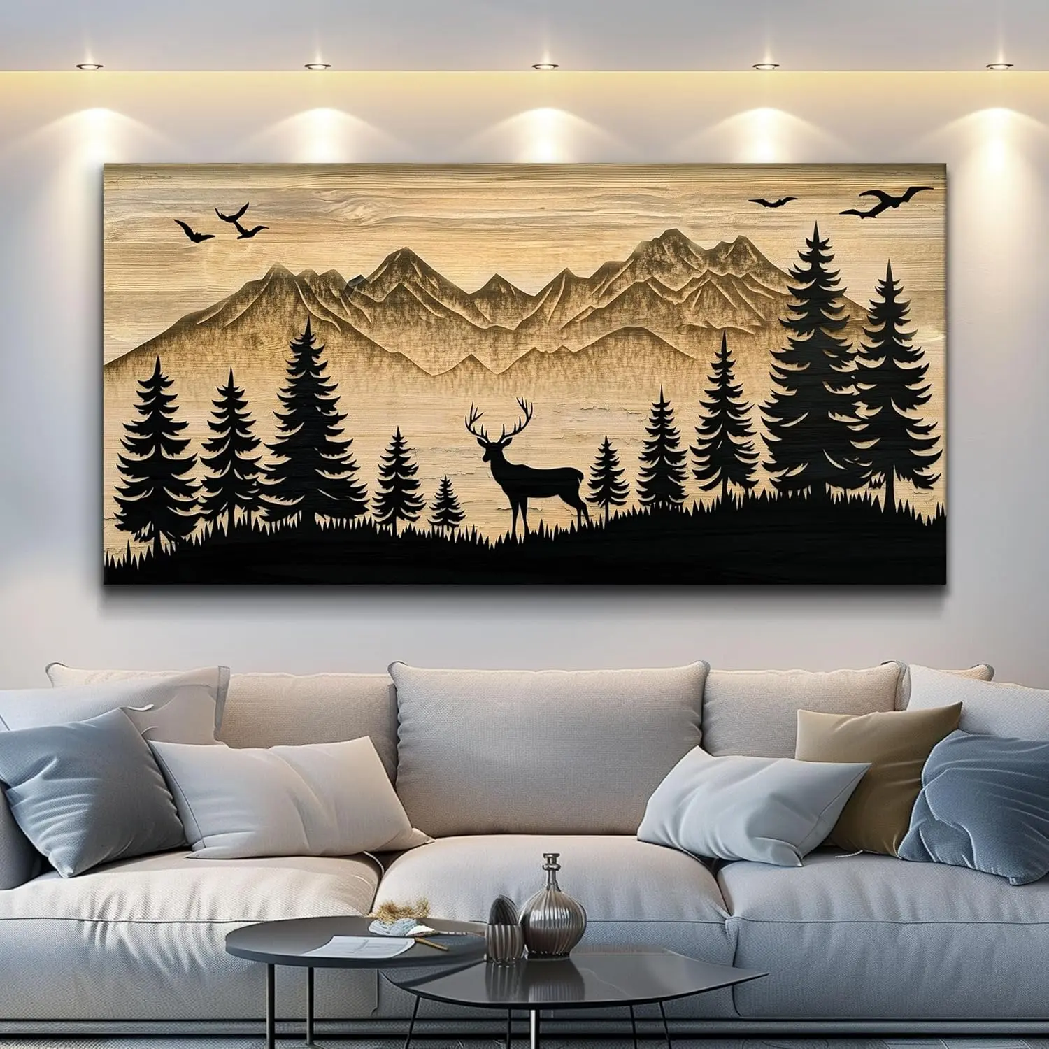 VXMXFTE 20x40in Large Minimalist Canvas Abstract Mountain Landscape Painting - Black Deer, Pine Tree, Water Resistant Wall Decor, Lightweight Wood Hanging Home Decor, Thanksgiving Christmas Gift for Living Room, Bedroom