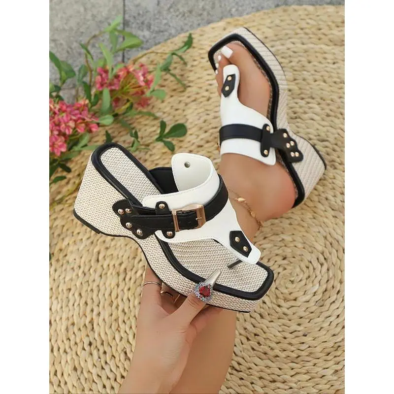 Women's Fashionable White Platform Sandals, Casual Versatile Platform Beach Sandals for Daily Wear, Trendy All-match & Exquisite Summer Studded Platform Sandals for Women & Girls, Walking Shoes
