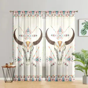 Boho Style Bull Skull Pattern Curtain, 2 Counts/set Semi Blackout Curtain, Home Decorative Curtain for Living Room Bedroom Study Room Bathroom Kitchen Office