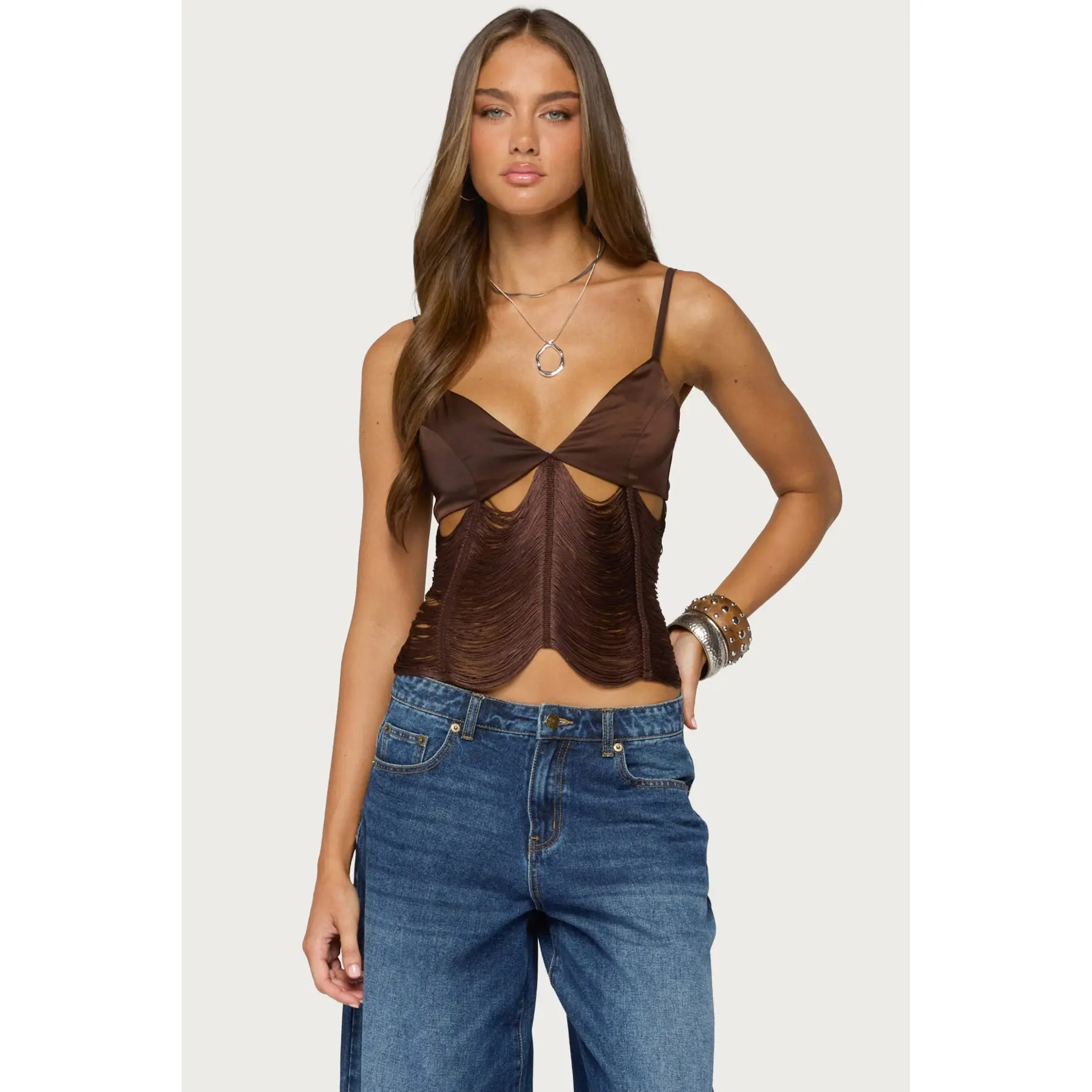 Dulcy Cutout Fringed Satin Effect Top