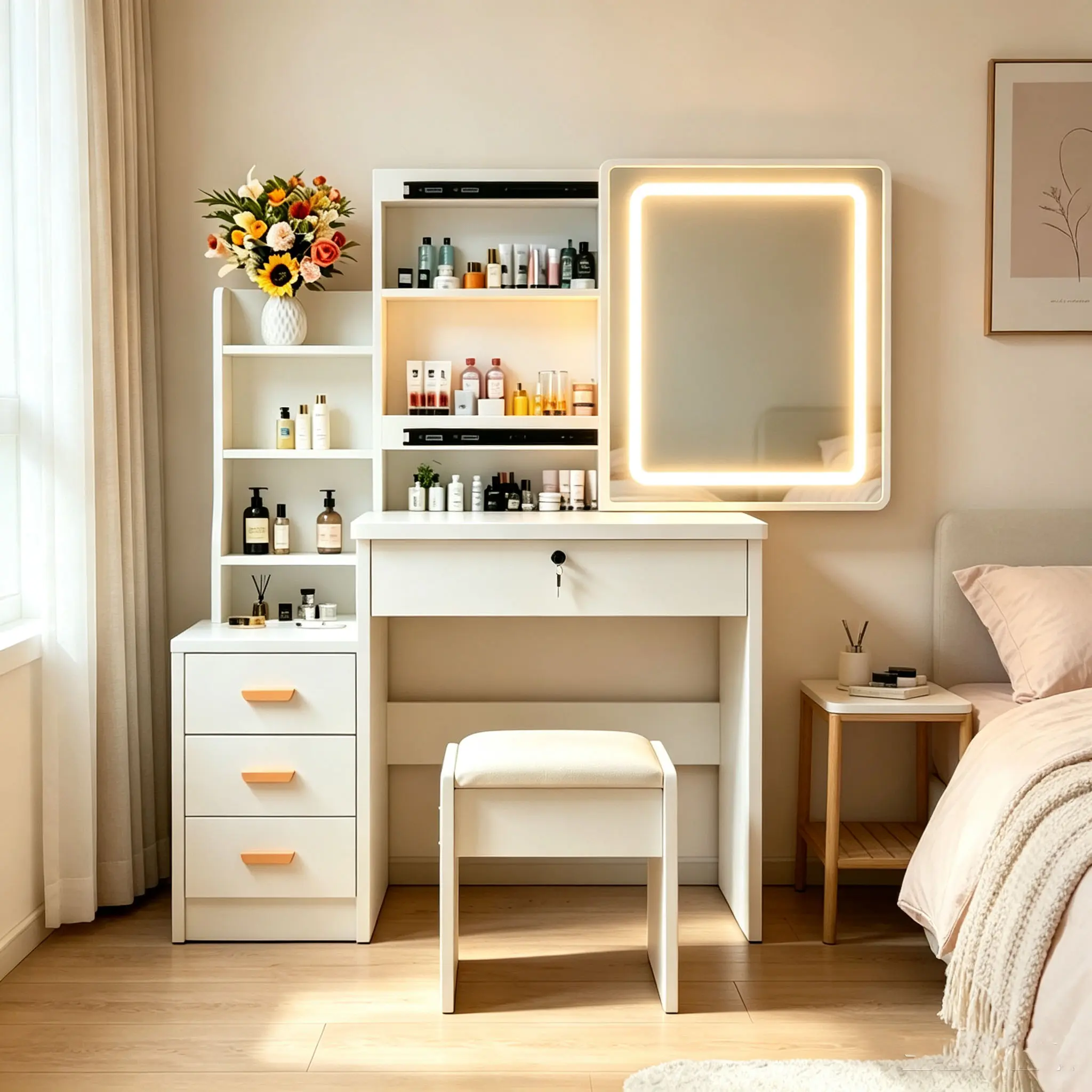 White makeup table set includes LED touch-control mirror; features storage compartments and a matching cushioned stool; suitable for various settings including bedrooms, living rooms, and dorms. fabric drawer sale blackfriday illuminated base