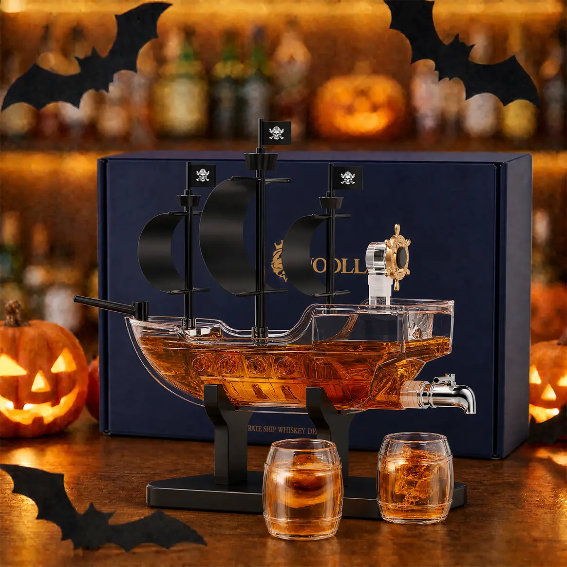 Kollea Pirate Ship Whiskey Bottle with Luxury Gift Box,Artisan Glass,Halloween Gift&Party Decor,Decanter Set,2 Matching Bottles,Present for Men,Dad,Husband,Boyfriend,Home Bar Dispenser,Funny Gifts for Anniversary&Brithday,Sailor&Captain Enthusiasts