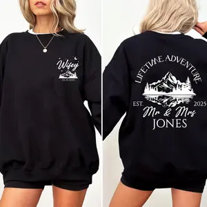 Personalized Newly Married Couple Sweatshirt, Honeymoon Lifetime Adventure Shirt for New Couple, Mr Mrs Sweaters for Husband Wife