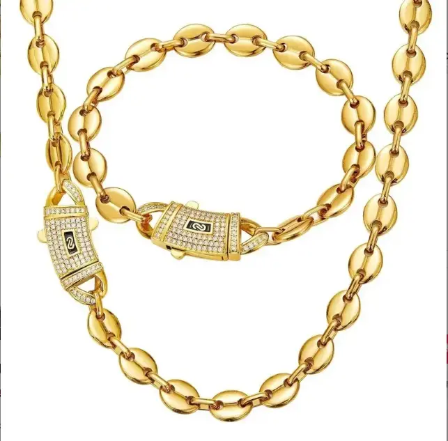 Premium S Mark Curved CZ Clasp Coffee Bean Link Necklace | Gold Plated | Multiple Sizes | Unisex Trendy Jewelry
