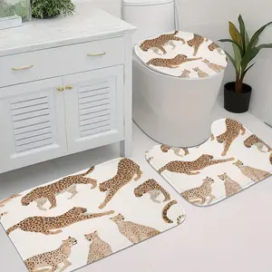 Cheetah Pattern Bathroom Mat Set, Soft Flannel Material, Non-Slip Toilet Cover Pad, U-Shaped Rug, Holiday Decoration