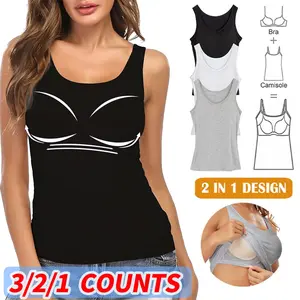 3/2/1 Counts Women Camisole Tank Tops with Built in Padded Bra Vest Cami Ladies Tank Tops with Built in Shelf Bra Plus Size Basic Stretchy Padded Camisole Casual Layering Tanks Undershirt Plus Size White Gray Black