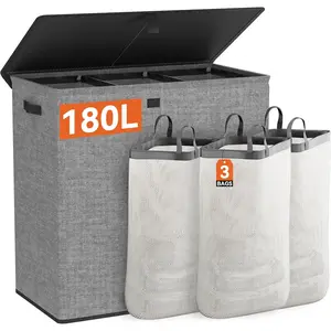 Laundry Hamper with Lid,180L Large Laundry Basket 3 Section with Removable Bags,Collapsible Waterproof Dirty Clothes Hamper for Laundry Room Dorm,Gray