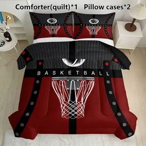 3-piece comfortable basketball blanket set, full-size sports game style seasonal bedding, male and female adult room decoration and accessories, orange gray basketball themed blanket set includes 1 blanket and 2 unfilled pillowcases