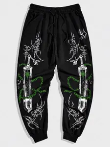 Trendy Dark Aesthetic Chain Magic Sword Casual Pants, Main Color, Drawstring Waist Detail, Loose Comfort Fit, Unisex Style