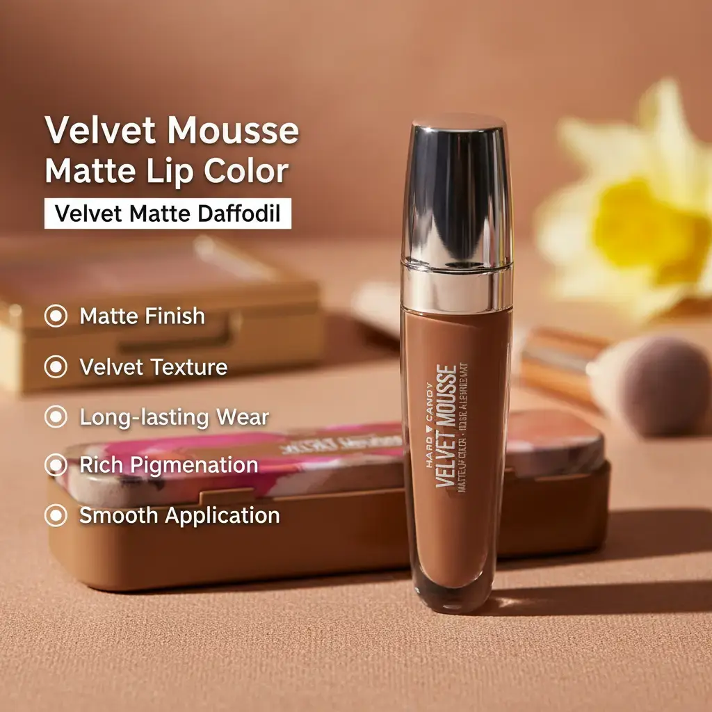 Hard Candy Velvet Mousse Matte Lipstick, Hydrating Full Coverage Liquid Lip Color, Non-Drying Cosmetic Makeup, Shade Daffodil