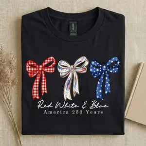 America 250 Years T-Shirt 100% Cotton USA , Patriotic Coquette Bow Shirt, 4th of July Tee Women, Red White Blue Outfit, USA 250th Anniversary Shirt, Summer Patriotic Tee
