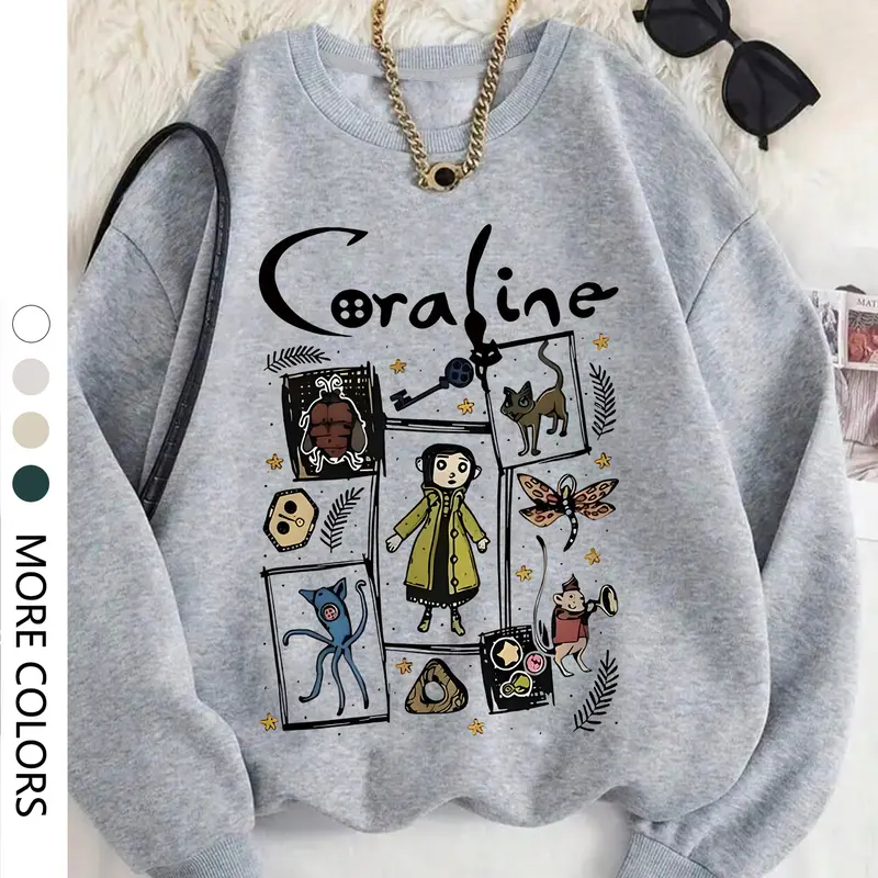 Women's Coraline Graphic Print Oversized Sweatshirt, Casual Crew-Neck Long-Sleeve Pullover with Drop Shoulders for Fall, Winter, and Everyday Wear, Womenswear