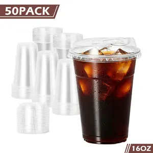 16oz Clear Plastic Disposable Tumblers, 50/100Pack BPA-Free Recyclable PET Leakproof To-Go Cups with Strawless Sip Lids, Home & Party Disposable Tableware for Iced Coffee, Smoothie, Bubble Tea