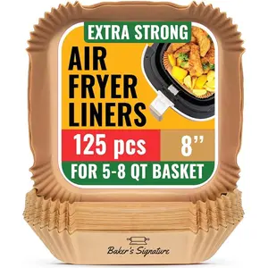125Pcs Non-Stick Silicone Coated Air Fryer Disposable Liners  for 5-8 QT Baskets, Easy Cleanup, Waterproof & Oil Proof, 8” Square Bakeware Kitchen