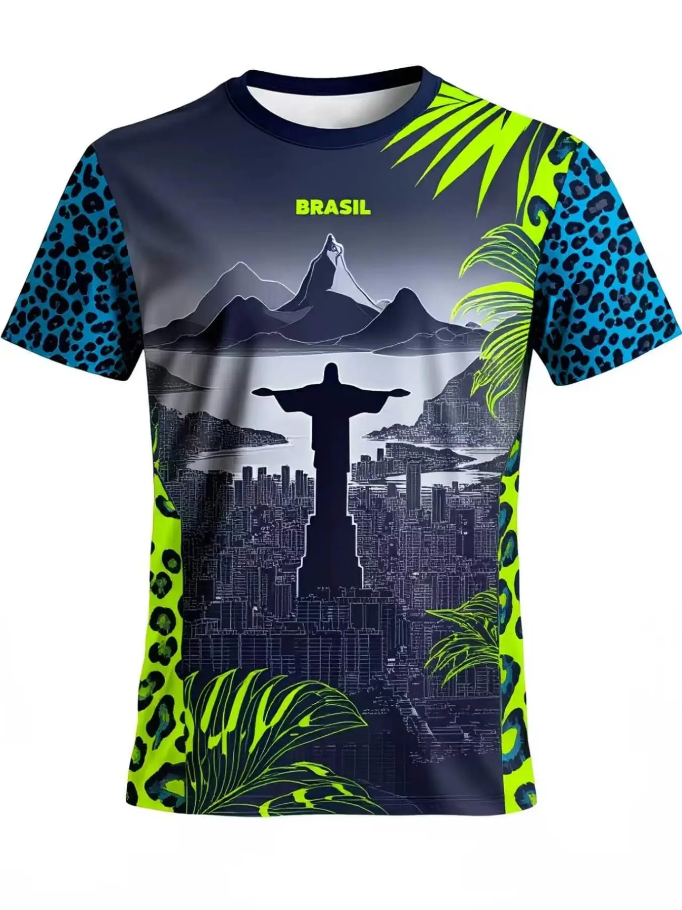 Deep Blue Short Sleeve Men's T-Shirt, Jesus Christ, City Skyline, Tropical Leaves Graphic, Casual Fitted Tee for All Seasons