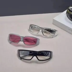 Women's Silver Glitter Square Sunglasses - Cyberpunk Style Reflective Frame, Trendy High-Tech Sports Glasses, Glass