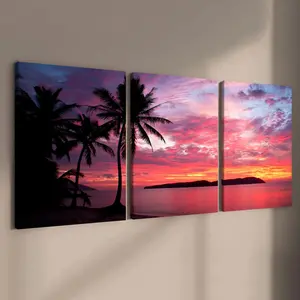 Wooden Framed Canvas Painting, 3 Counts/set Modern Art Sunset & Sea Pattern Wall Decor, Wall Art for Home Living Room Bedroom Office
