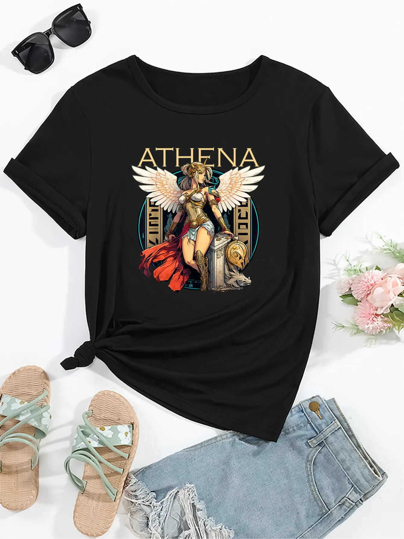 Athena printed round-neck T-shirt, women's comfortable and versatile summer top