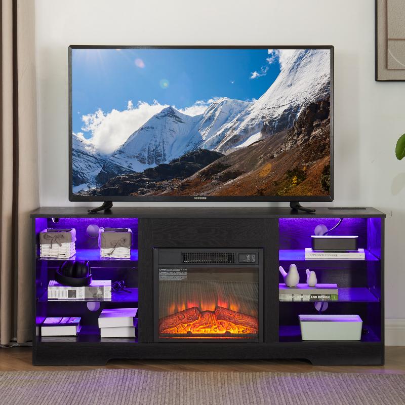 TV Stand Electric Fireplace  Glass Shelves, 3D Fireplace TV Stand with LED Lights Wood with USB Charging Outlet Modern Television Table Center for TV up to 62", 58''W*15.5''D*24.4
