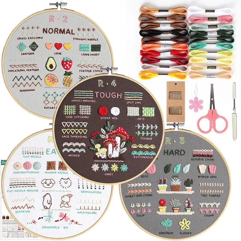 Embroidery Starter Kit for Beginners, 4 Pre-Printed Stitch Practice Sampler Hoops, Learn 40 Embroidery Stitches, Complete Hand Embroidery Supplies with Floss, Needles & Tools, DIY Craft Kit for Adults
