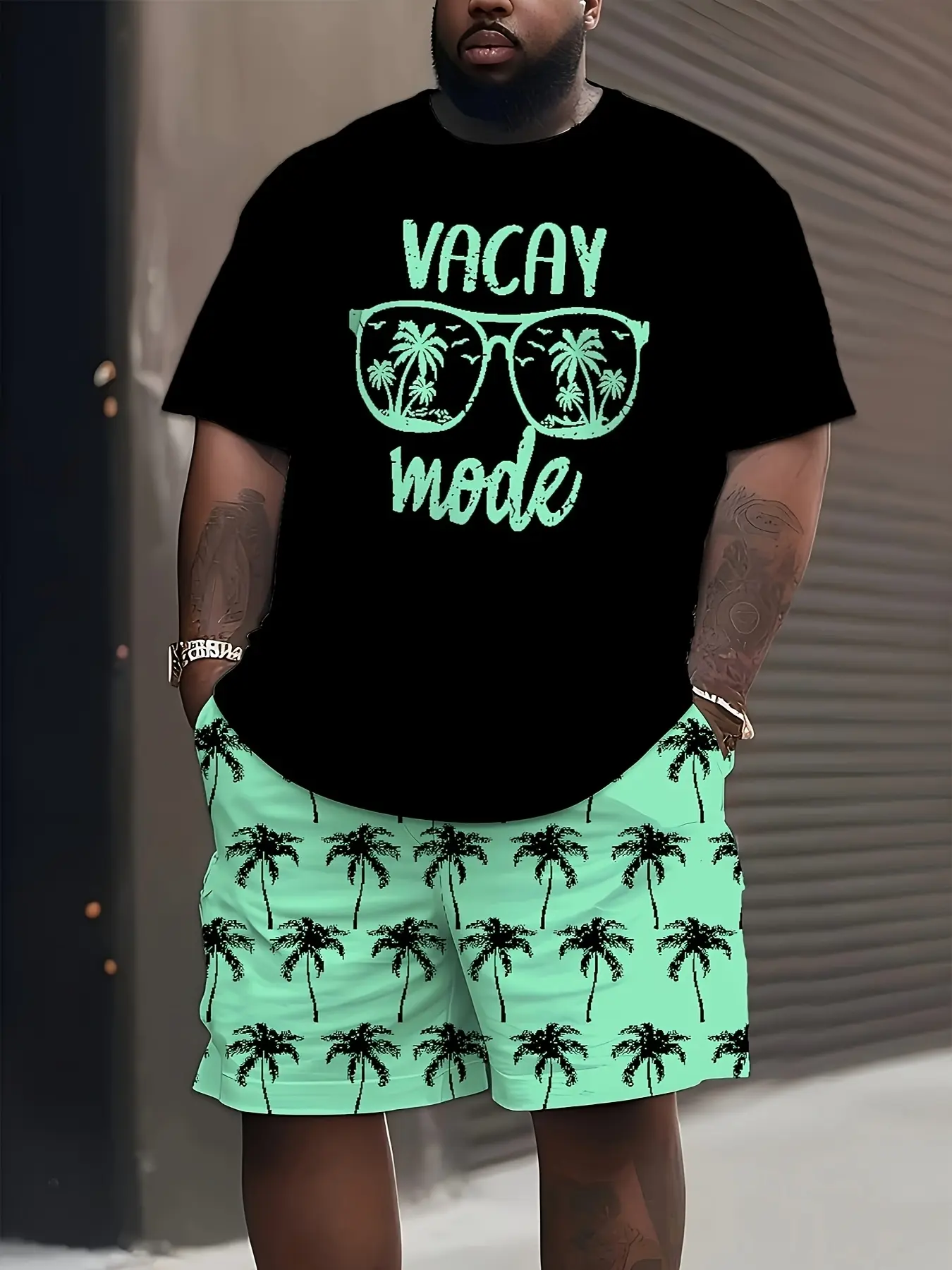 2 sets of men's oversized black T-shirts and shorts - casual vacation style 3D printed, Tropical beach theme, casual sportswear, polyester blend, summer clothing, vacation wear | Loose fit | Printed details, oversized size