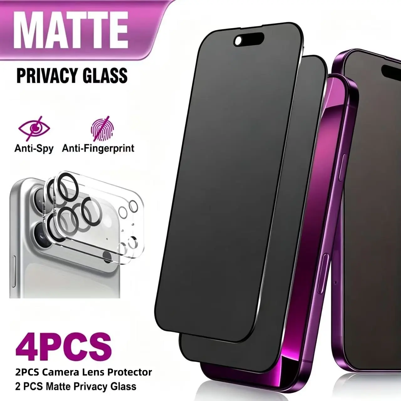 4in1 Accessories, Cellphone, 2pcs Matte Privacy Tempered Screen Protector+2pcs Camera Lens Protector For iPhone 17/17 Pro/17 Pro Max/16/15/14/Pro/Pro Max/Plus/11,Matte Finish,Edge Protection,Anti-Spy,Anti-Scratch,Anti-Fingerprint,Easy to Install