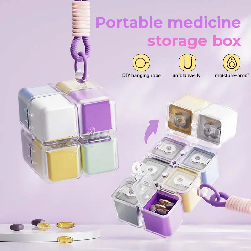 【TikTokShopBackToSchool】 Rubik's cube Travel Pill Organizer with Modular Compartments & Magnetic Closure – A Cube-Shaped Healthcare Aid with 8 Compartments for Vitamins, Supplements & Tablets for 7 Days